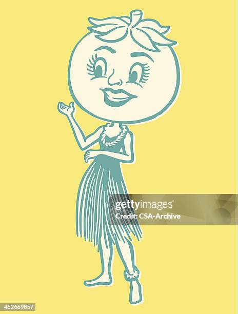 illustrations, cliparts, dessins animés et icônes de tomate tête femme en jupe hawaïenne - tomate ancienne