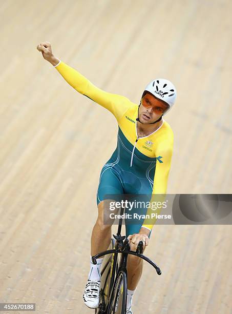 Jack Bobridge of Australia celebrates after winning Gold in the Men's 4000m Individual Pursuit Final at Sir Chris Hoy Velodrome during day two of the...