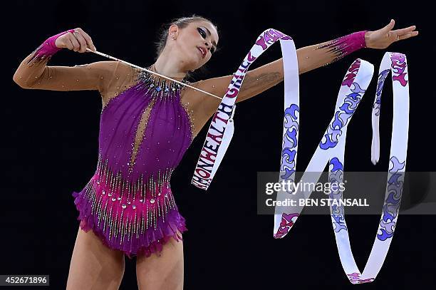 Wales's silver medalist Francesca Jones competes in the ribbon discipline, during the Individual All-Around Final of the Rhythmic Gymnastics event at...