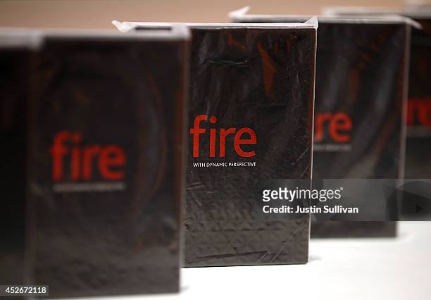 Boxes of the new Amazon Fire phone are displayed at an AT&T store on July 25, 2014 in San Francisco, California. Amazon's Fire phone is going on sale...