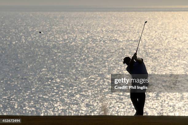 Colin Montgomerie of Scotland plays his second shot on the 18th fairway during the second round of the Senior Open Championship played at Royal...