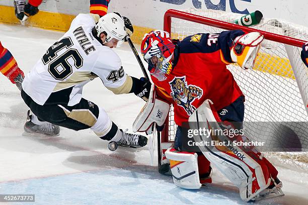 Goaltender Scott Clemmensen of the Florida Panthers defends the net against Joe Vitale of the Pittsburgh Penguins at the BB&T Center on November 30,...