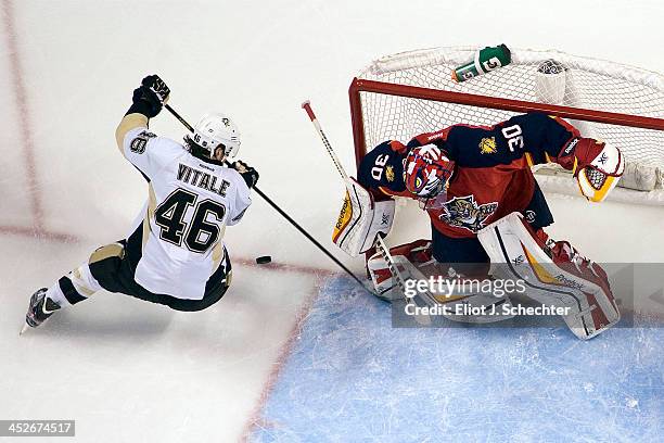 Goaltender Scott Clemmensen of the Florida Panthers defends the net against Joe Vitale of the Pittsburgh Penguins at the BB&T Center on November 30,...