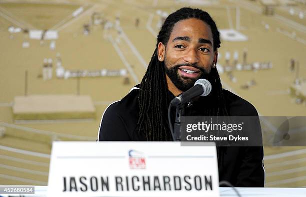 Jason Richardson of the USA answers questions at a press conference during day four of the IAAF World Junior Championships at Hayward Field on July...