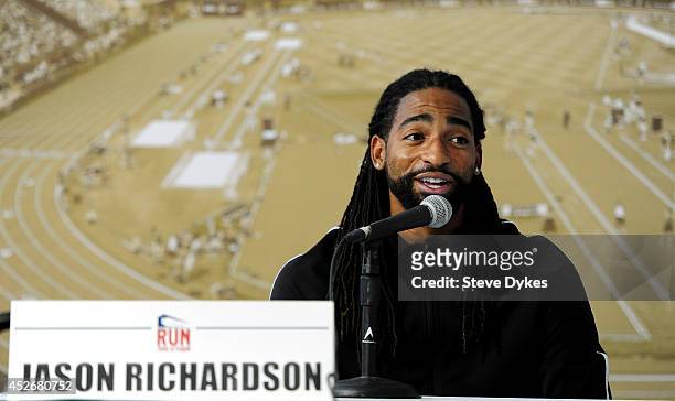Track athlete Jason Richardson answers questions at a press conference during day four of the IAAF World Junior Championships at Hayward Field on...