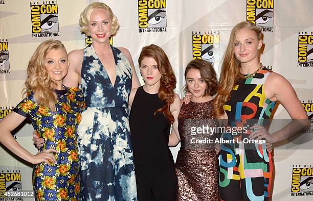 Actresses Natalie Dormer, Gwendoline Christie, Rose Leslie, Maisie Williams and Sophie Turner attend HBO's "Game Of Thrones" panel and Q&A during...