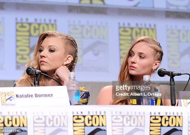 Actresses Natalie Dormer and Sophie Turner attend HBO's "Game Of Thrones" panel and Q&A during Comic-Con International 2014 at San Diego Convention...