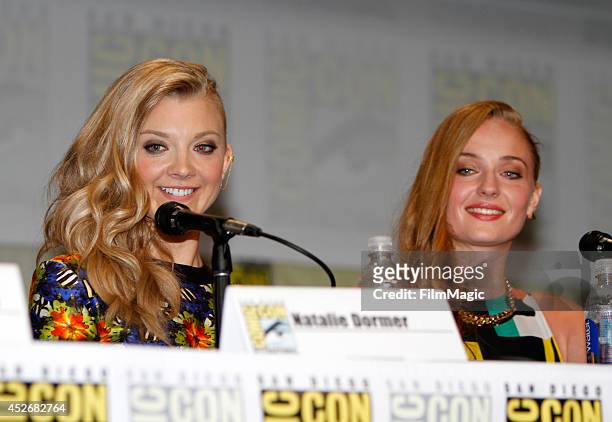 Actresses Natalie Dormer and Sophie Turner attend HBO's "Game of Thrones" Panel during Comic-Con 2014 on July 25, 2014 in San Diego, California.