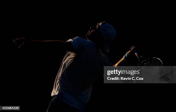 Benjamin Becker of Germany serves to Thiemo De Bakker of the Netherlands during the BB&T Atlanta Open at Atlantic Station on July 25, 2014 in...