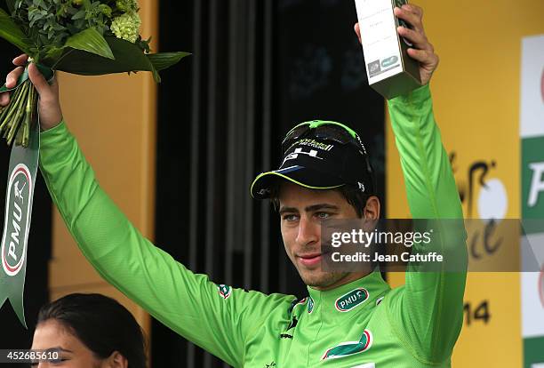 Peter Sagan of Slovakia and Cannondale retains the best sprinter's green jersey after stage nineteen of the 2014 Tour de France, a 208 km road stage...