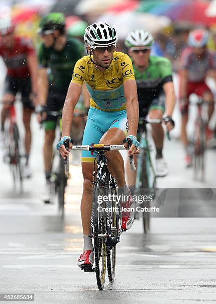 Vincenzo Nibali of Italy and Astana Pro Team crosses the finish line after stage nineteen of the 2014 Tour de France, a 208 km road stage from...