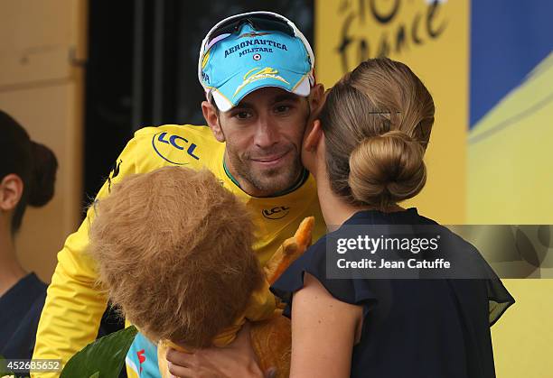 Vincenzo Nibali of Italy and Astana Pro Team retains the race leader's yellow jersey after winning stage nineteen of the 2014 Tour de France, a 208...