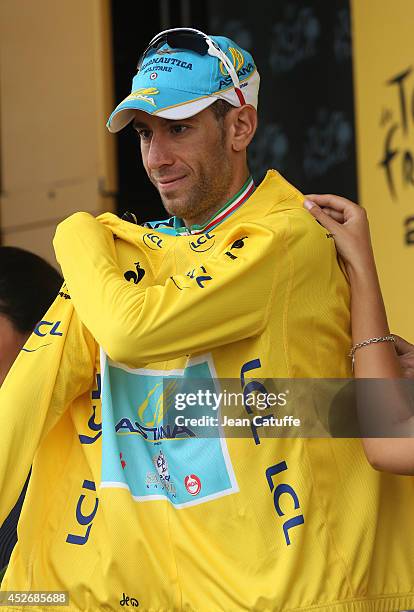 Vincenzo Nibali of Italy and Astana Pro Team retains the race leader's yellow jersey after winning stage nineteen of the 2014 Tour de France, a 208...