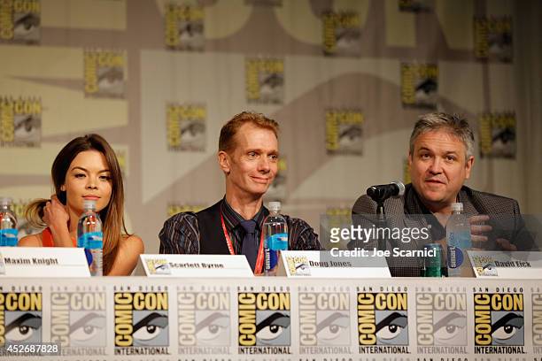 Actors Scarlett Byrne, Doug Jones and writer/producer David Eick speak onstage at the TNT at Comic-Con International: San Diego 2014 "Falling Skies"...