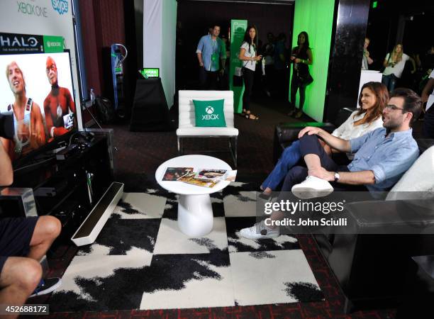 Agent 47" actors Hannah Ware and Zachary Quinto take a break from Comic-Con to Skype with fans in the Microsoft VIP Lounge on July 25, 2014 in San...