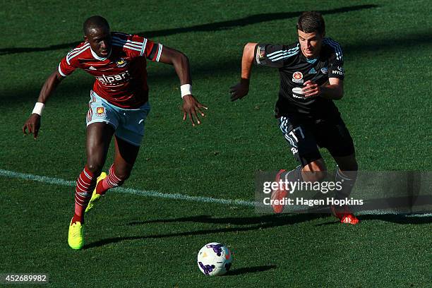 Mohamed Diame of West Ham United and Terry Antonis of Sydney FC compete for the ball during the Football United New Zealand Tour 2014 match between...