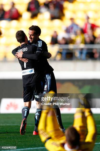 Alex Brosque of Sydney FC celebrates goal with Corey Gameiro during the Football United New Zealand Tour match between Sydney FC and West Ham United...