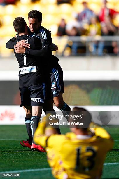 Alex Brosque of Sydney FC celebrates goal with Corey Gameiro during the Football United New Zealand Tour match between Sydney FC and West Ham United...