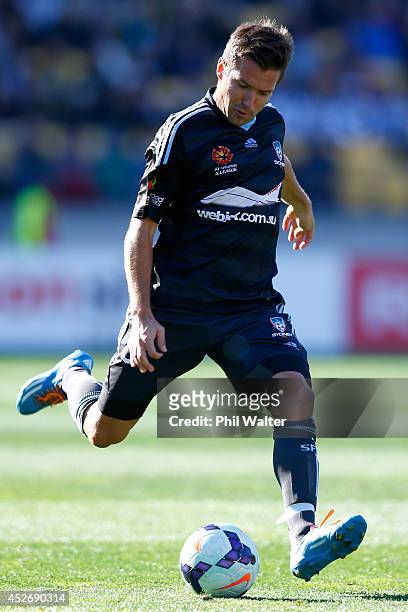 Milos Dimitrijevic of Sydney FC attempts a shot at goal during the Football United New Zealand Tour match between Sydney FC and West Ham United at...
