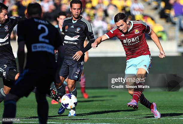 Stewart Downing of West Ham United shoots at goal during the Football United New Zealand Tour 2014 match between Sydney FC and West Ham United at...