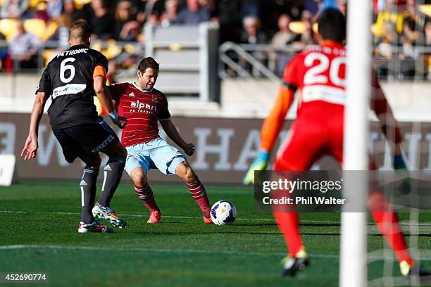 Matt Jarvis of West Ham scores a goal during the Football United New Zealand Tour match between Sydney FC and West Ham United at Westpac Stadium on...