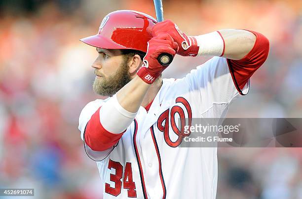 Bryce Harper of the Washington Nationals bats against the Colorado Rockies at Nationals Park on June 30, 2014 in Washington, DC.