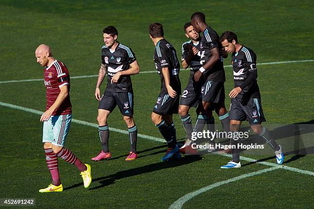 Sydney FC players celebrate the goal of Alex Brosque during the Football United New Zealand Tour 2014 match between Sydney FC and West Ham United at...