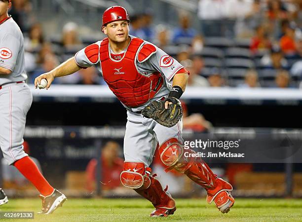 Devin Mesoraco of the Cincinnati Reds in action against the New York Yankees at Yankee Stadium on July 18, 2014 in the Bronx borough of New York...