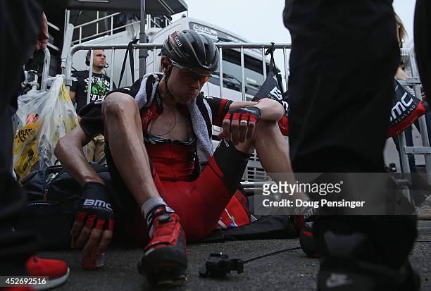 Tejay van Garderen of the United States and the BMC Racing Team recovers after the eighteenth stage of the 2014 Tour de France, a 146km stage between...