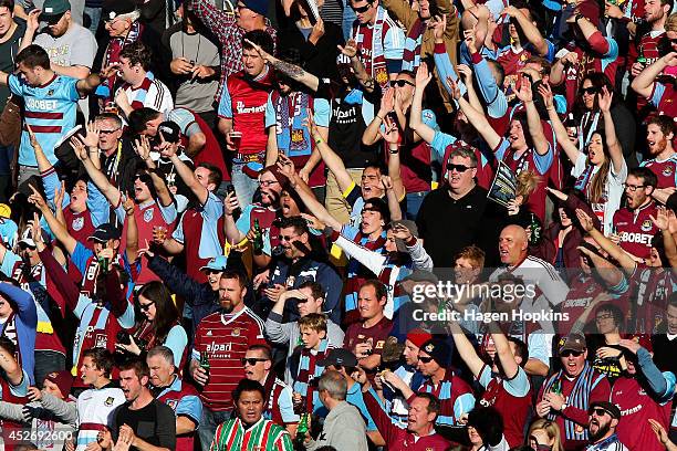 West Ham fans show their support during the Football United New Zealand Tour 2014 match between Sydney FC and West Ham United at Westpac Stadium on...