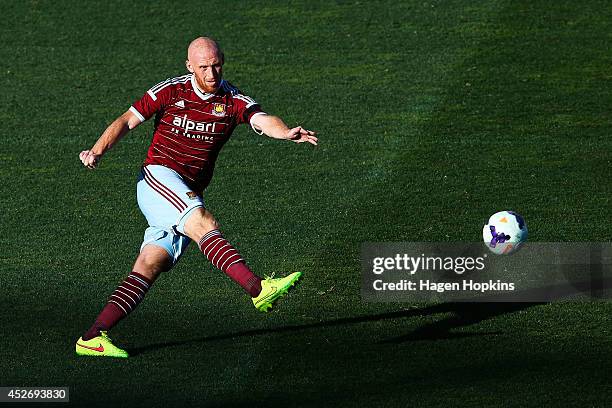 James Collins of West Ham United passes during the Football United New Zealand Tour 2014 match between Sydney FC and West Ham United at Westpac...