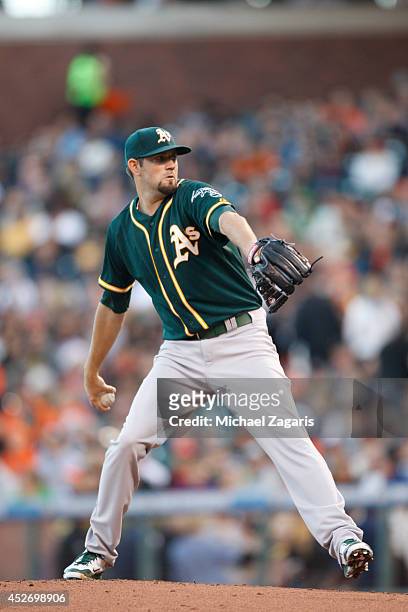 Jason Hammel of the Oakland Athletics pitches during the game against the San Francisco Giants at AT&T Park on July 9, 2014 in San Francisco,...