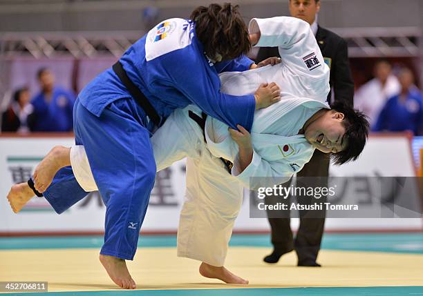 Sara Asahina of Japan and Meguni Tachimoto of Japan compete in the women's +78kg semi-final match during day three of the Judo Grand Slam at the on...