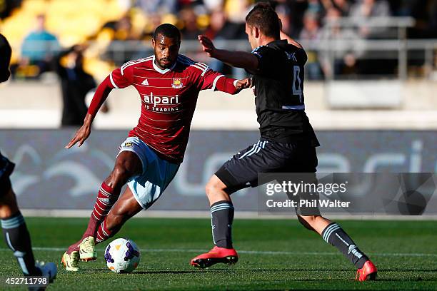 Riccardo Vazte of West Ham is tackled by Pedj Bojic of Sydney FC during the Football United New Zealand Tour match between Sydney FC and West Ham...