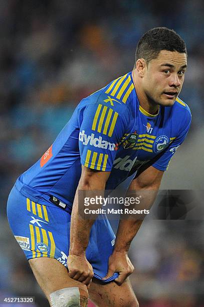 Jarryd Hayne of the Eels looks on during the round 20 NRL match between the Gold Coast Titans and the Parramatta Eels at Cbus Super Stadium on July...