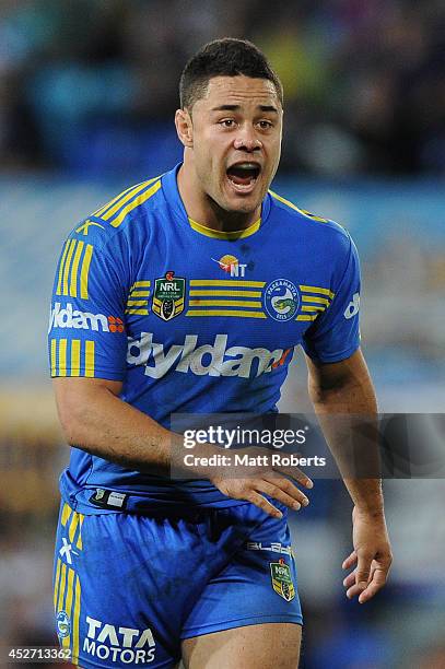 Jarryd Hayne of the Eels reacts during the round 20 NRL match between the Gold Coast Titans and the Parramatta Eels at Cbus Super Stadium on July 26,...
