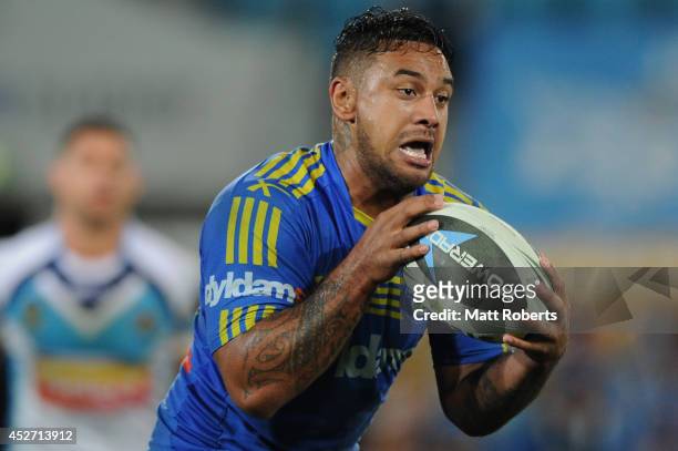 Kenny Edwards of the Eels intercepts the ball during the round 20 NRL match between the Gold Coast Titans and the Parramatta Eels at Cbus Super...