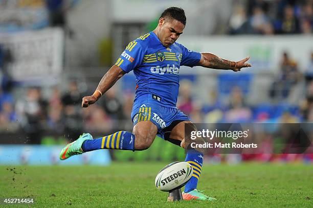 Chris Sandow of the Eels kicks a conversion attempt during the round 20 NRL match between the Gold Coast Titans and the Parramatta Eels at Cbus Super...