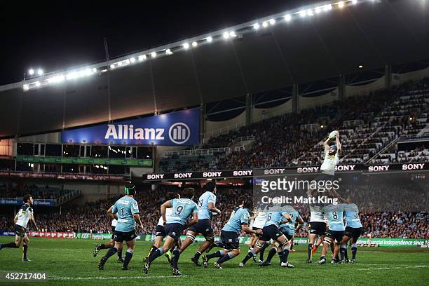 Scott Fardy of the Brumbies jumps at the lineout during the Super Rugby Semi Final match between the Waratahs and the Brumbies at Allianz Stadium on...