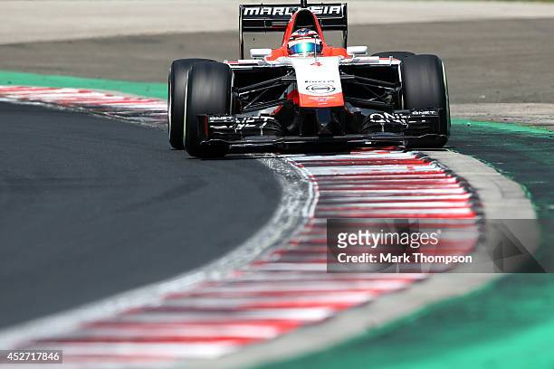 Max Chilton of Great Britain and Marussia drives during final practice ahead of the Hungarian Formula One Grand Prix at Hungaroring on July 26, 2014...