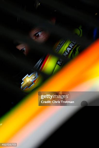 Paul Menard, driver of the Moen / Menard's Chevrolet, sits in his car during practice for the NASCAR Sprint Cup Series Crown Royal Presents The John...