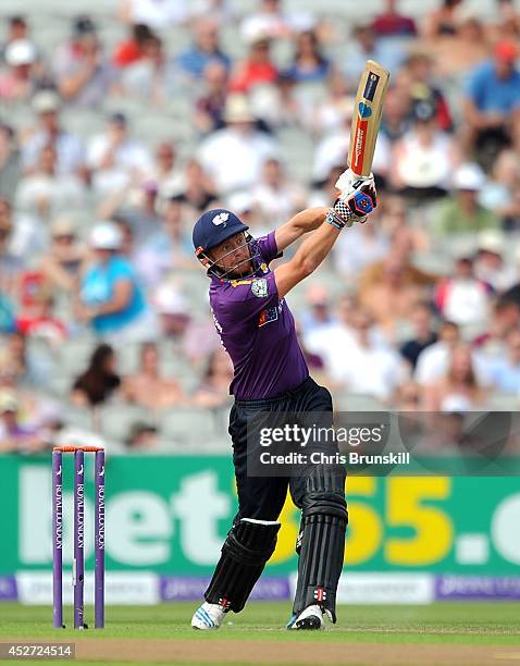 Johnny Bairstow of Yorkshire Vikings hits out to the boundary during the Royal London One Day Cup match between Lancashire Lightning and Yorkshire...