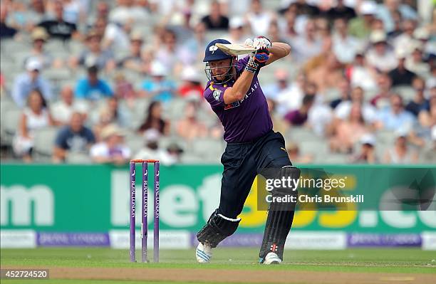 Johnny Bairstow of Yorkshire Vikings hits out to the boundary during the Royal London One Day Cup match between Lancashire Lightning and Yorkshire...
