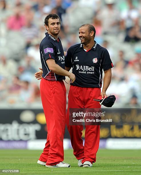 Stephen Parry of Lancashire Lightning is congratulated by team-mate Ashwell Prince after dismissing Andrew Gale of Yorkshire Vikings during the Royal...