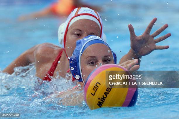 Spain's Ona Meseguer Flaque fights for the ball with Netherlands' Marloes Nijhuis during the Water Polo European Championships women's final match...