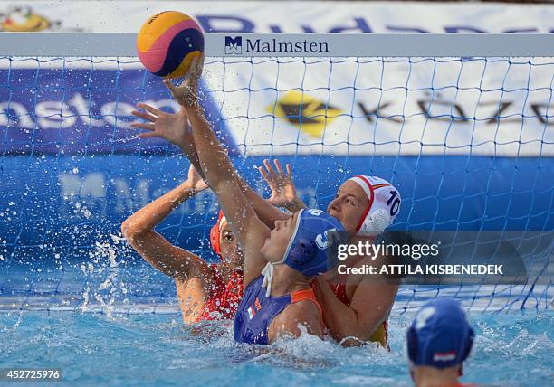 Spain's Ona Meseguer Flaque fights for the ball with Netherlands' Amarens Dousten Genee during the Water Polo European Championships women's final...