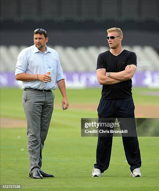 Andrew Flintoff speaks with Steve Harmison in the interval during the Royal London One Day Cup match between Lancashire Lightning and Yorkshire...