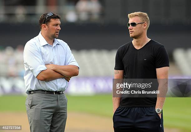 Andrew Flintoff speaks with Steve Harmison in the interval during the Royal London One Day Cup match between Lancashire Lightning and Yorkshire...