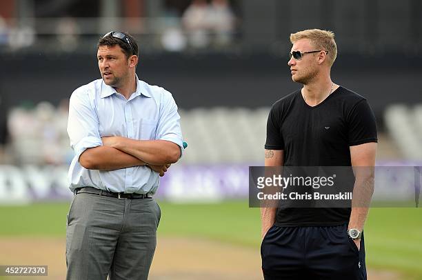 Andrew Flintoff speaks with Steve Harmison in the interval during the Royal London One Day Cup match between Lancashire Lightning and Yorkshire...