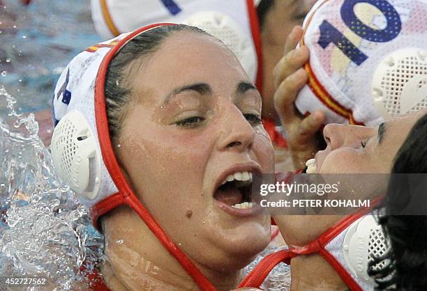 Spain's Ona Meseguer Flaque and Maria del Pilar Pena celebrate their victory over the Netherlands after the Water Polo European Championships women's...